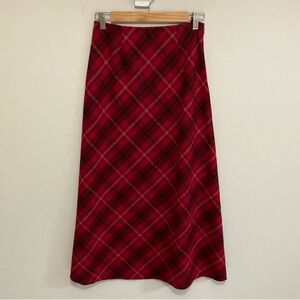 Vintage Chadwicks Red Plaid Wool Midi A-Line Skirt, Size 2P, Lined, Winter Fall
